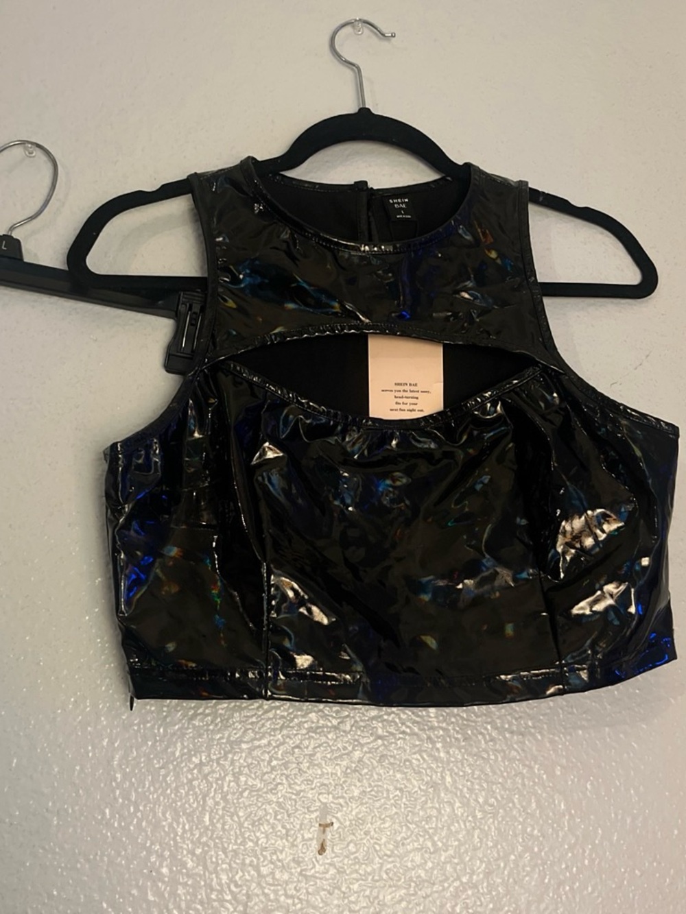 SHEIN Black Patent Cutout Crop Tank